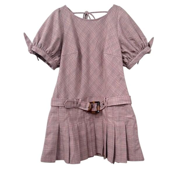 Free People Plaid Pleated Mini Dress Women's XL Drop Waist Belt Light Academia - Picture 2 of 8